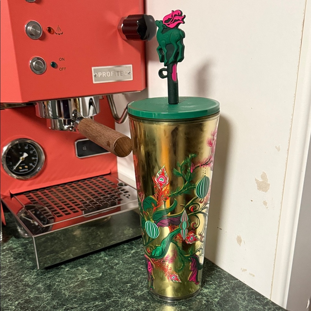 Starbucks Christmas 24oz 2024 edition Gold Tumbler, Green Lid Christmas Design